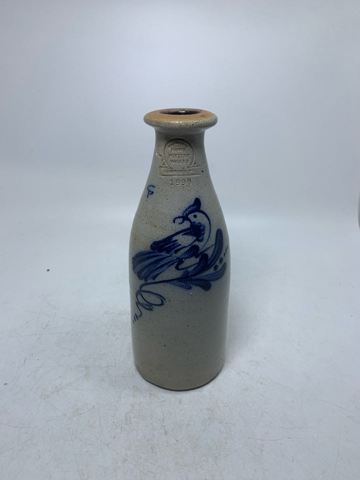 VTG COBALT BLUE BIRD SALT GLAZE BOTTLE/VASE 1990.