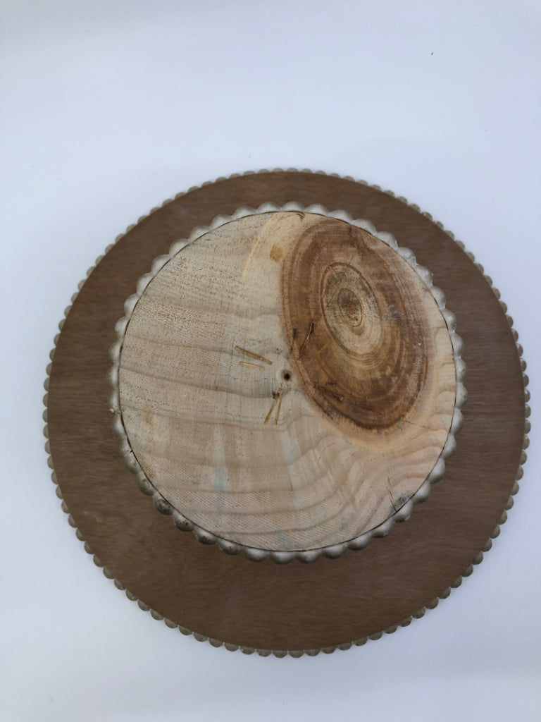 WOODEN FOOTED CAKE STAND.