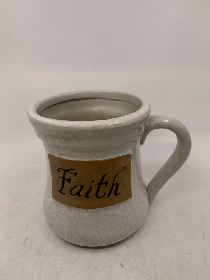 WHITE CRACKLE CERAMIC PITCHER FAITH.
