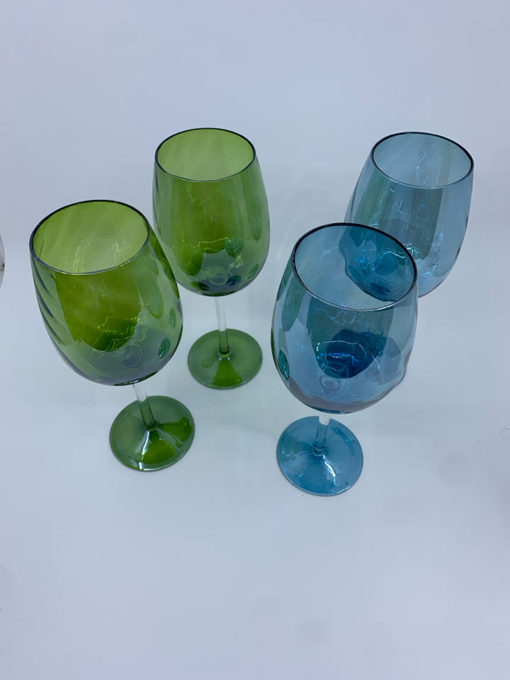 4 BLUE AND GREEN IRIDESCENT WINE GLASSES.