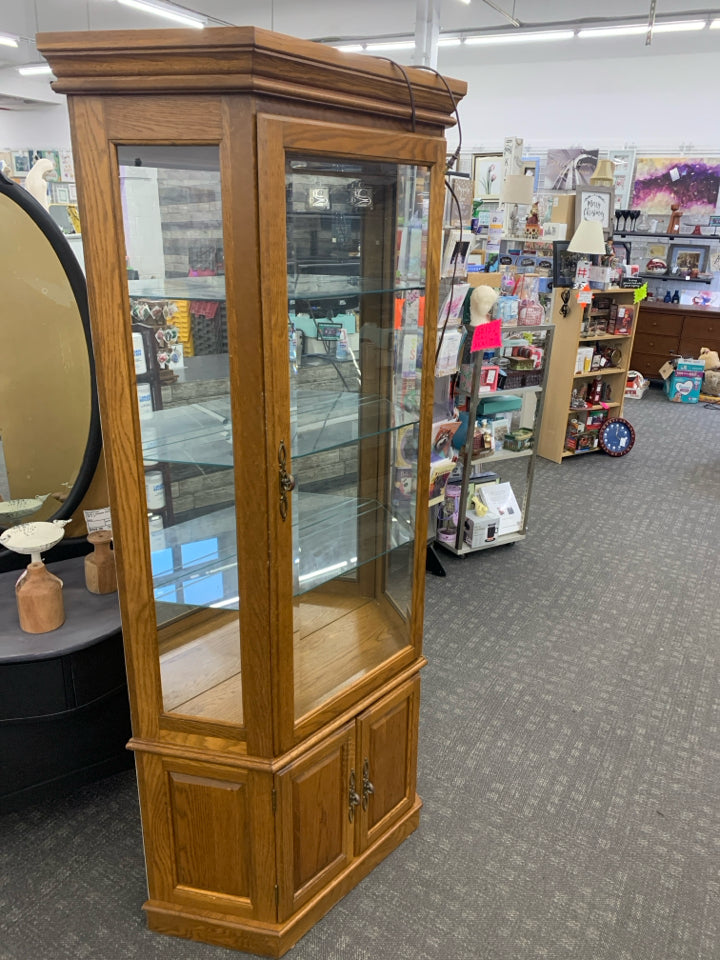 WOOD GLASS CURIO CABINET LIGHT WOOD 3 GLASS SHELVES CABINET ON BOTTOM.