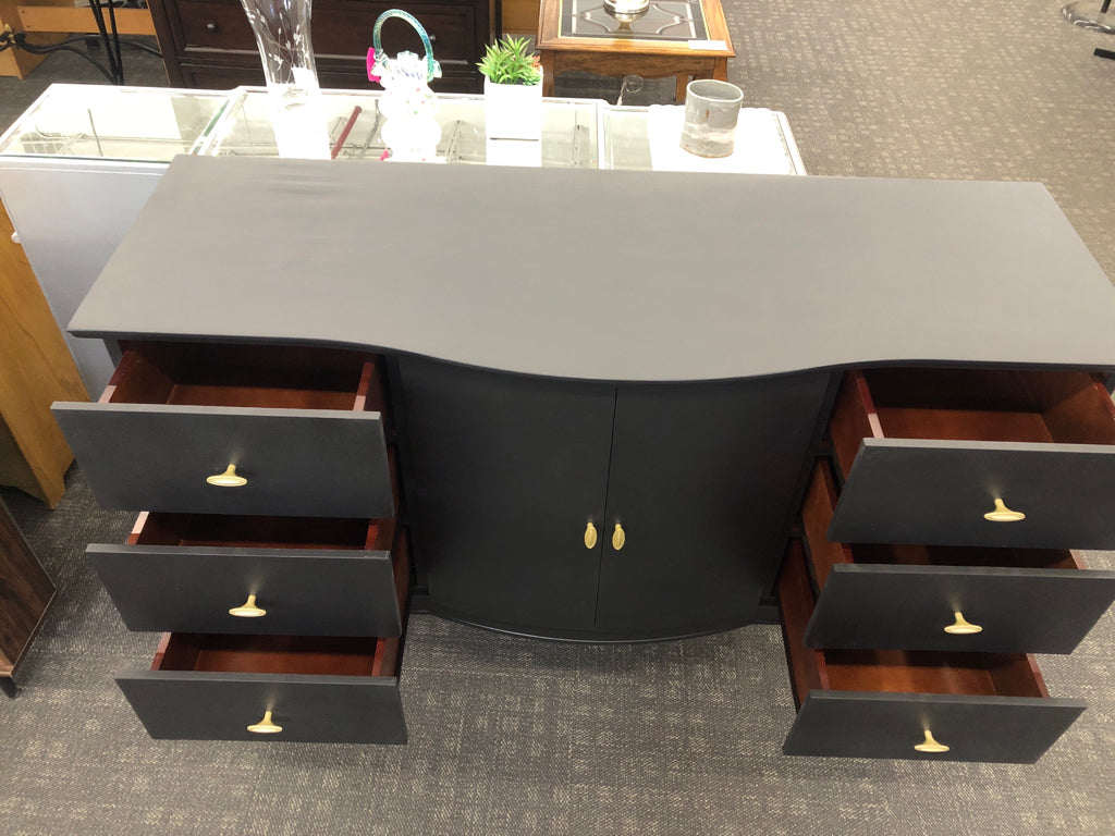BLACK MID-CENTURY MODERN SIDEBOARD W/GOLD HARDWARE.
