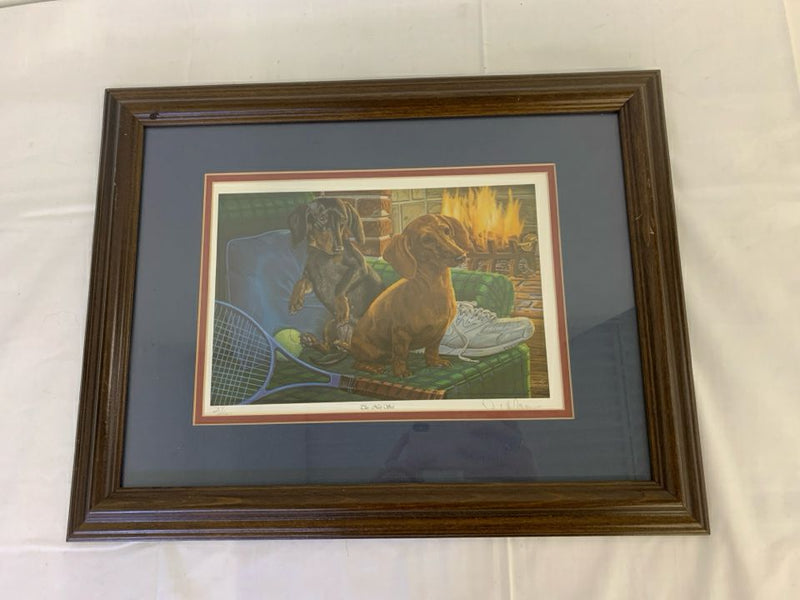 2 DACHSHUND SITTING "NET SET" TENNIS THEME- FRAMED SIGNED PRINT.