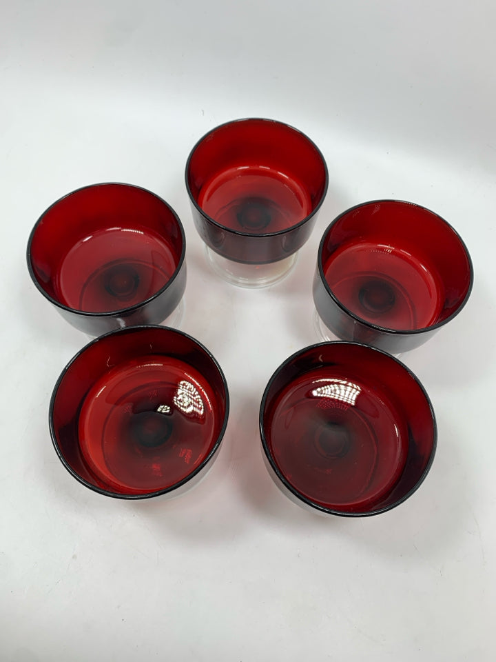 5 RED GLASS TRIFLE DISHES.