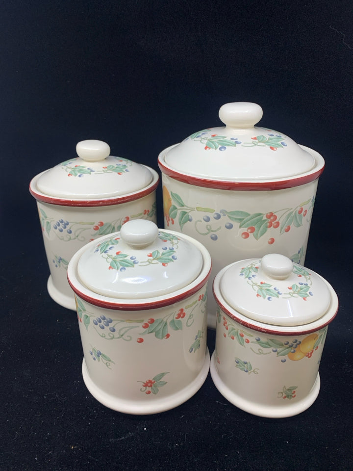 4 PC CANISTER SET CREAM W/ ASSORTED FRUITS/ RED RIM.