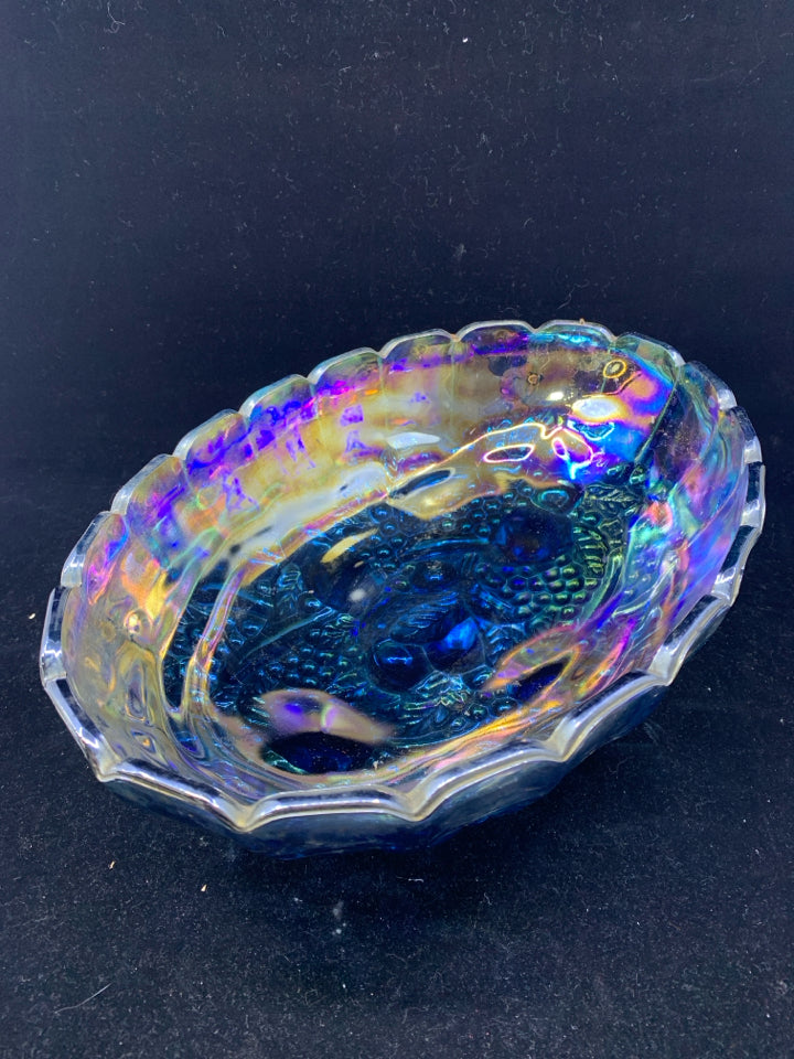 VTG OVAL FOOTED BLUE CARNIVAL GLASS EMBOSSED COMPOTE BOWL.