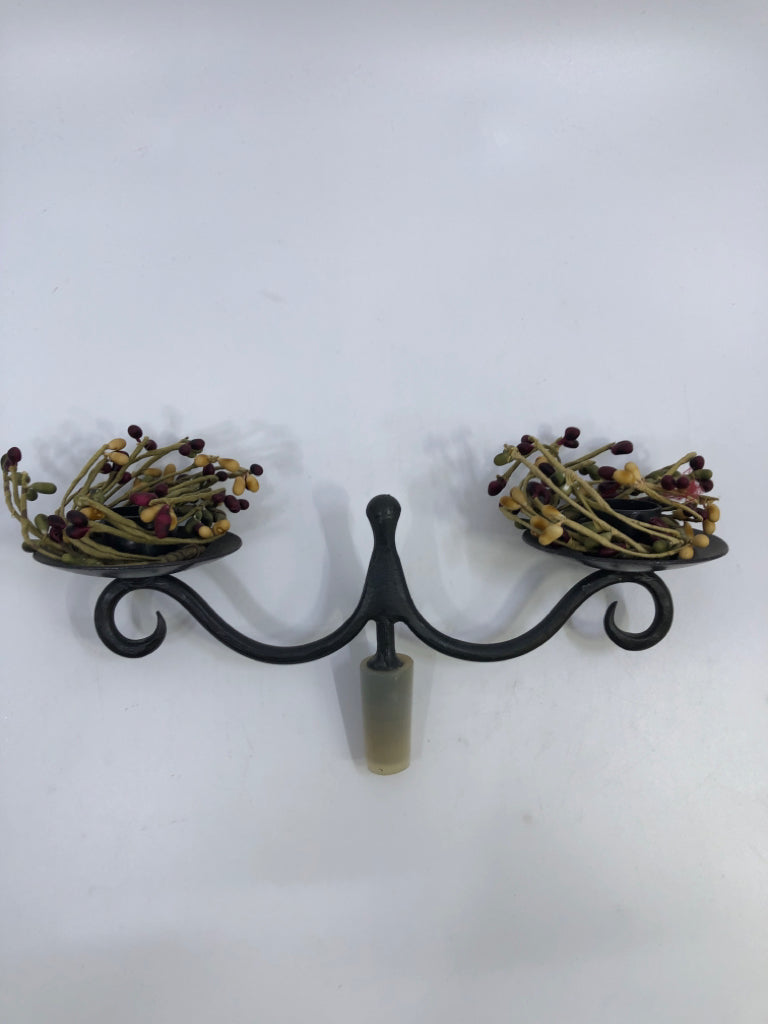 DOUBLE ARMED WROUGHT IRON CANDLE HOLDER WINE STOPPER W/PIP.