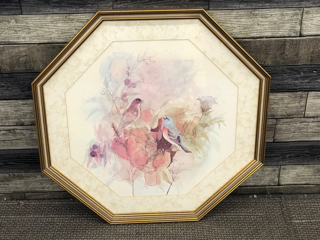 VTG PINK/BLUE WATER COLOR BIRDS ON BRANCHES IN GOLD OCTAGON FRAME.