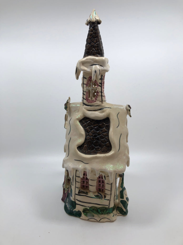 2PC TALL CERAMIC CHURCH CANDLE COVER W/TRIVET.