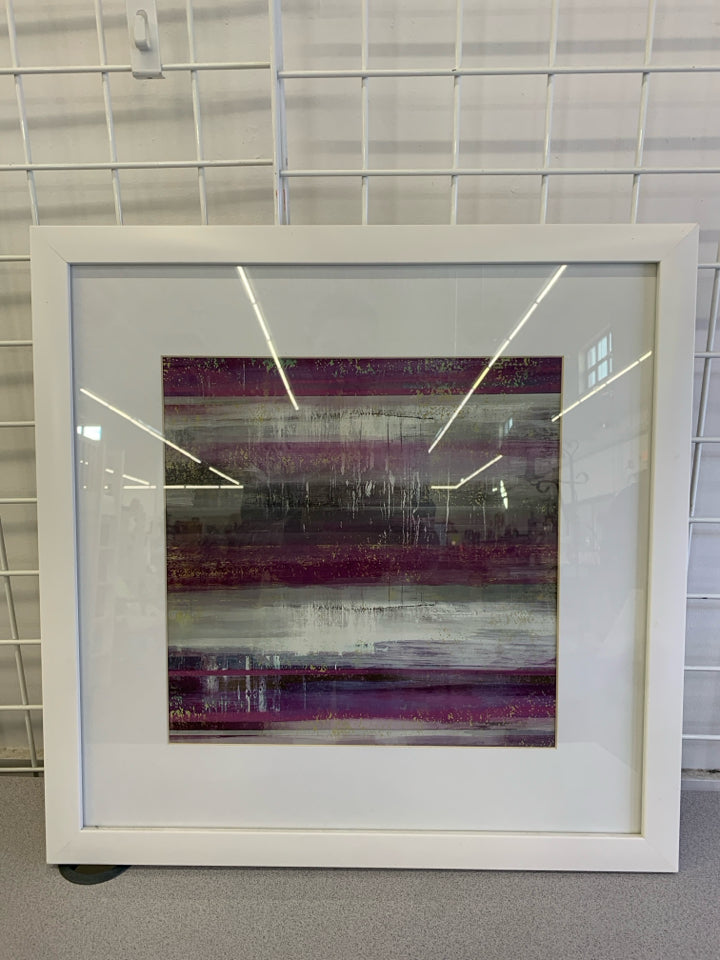PURPLE ABSTRACT PAINTING IN WHITE FRAME.
