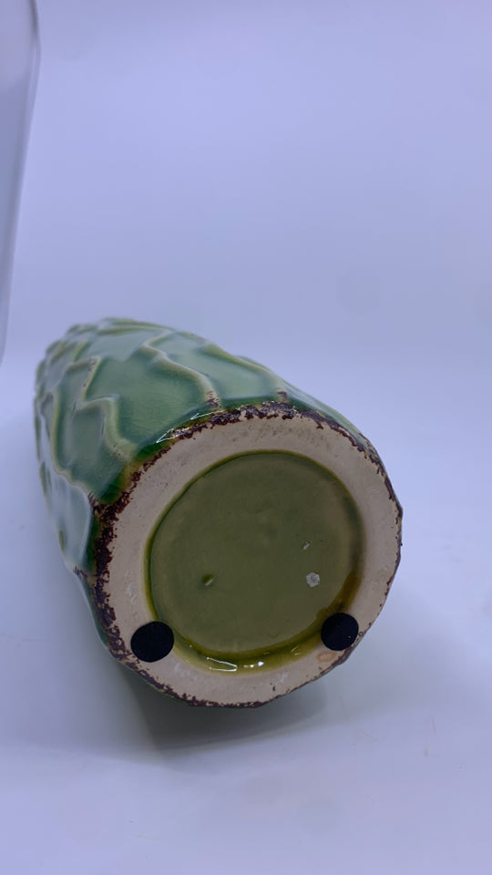 TALL GREEN TEXTURED VASE W NARROW NECK.
