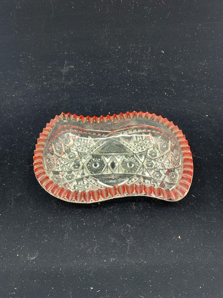 VTG CUT GLASS W/ RED SAWTOOTH EDGE BOWL.