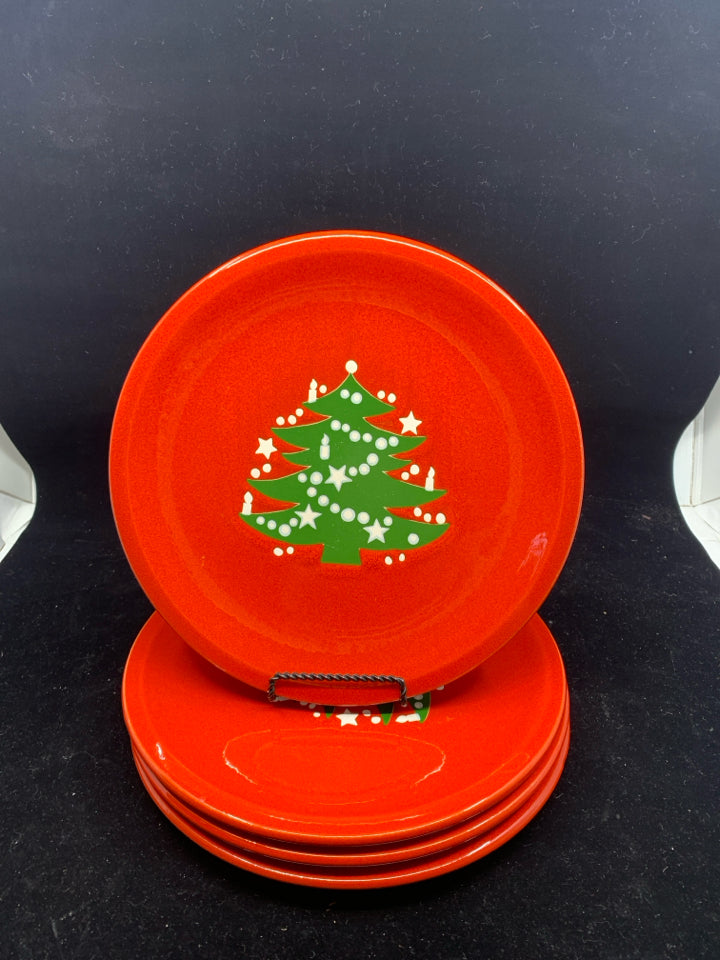 4 WAECHTERBACH DINNER PLATES RED W/ CHRISTMAS TREE.