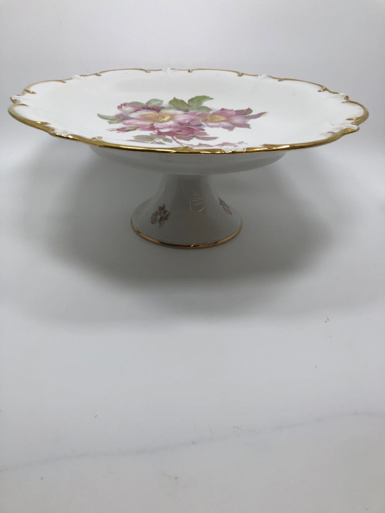 VTG FLORAL CAKE STAND W/GOLD RIM.