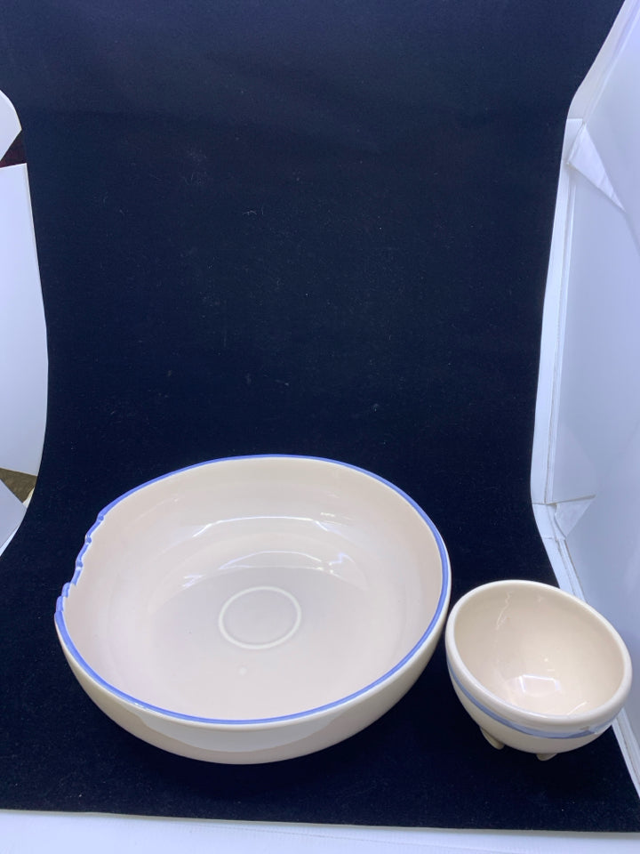 WHITE WITH BLUE EDGE CERAMIC CHIP AND DIP SERVER.