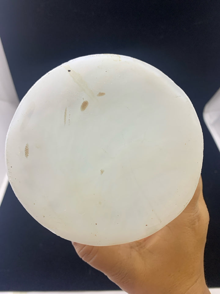 TALL WHITE GOLD SPECKLE GLASS VASE.