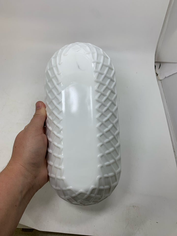 OVAL MILK GLASS BOWL SCALLOP EDGE BASKET WEAVE.