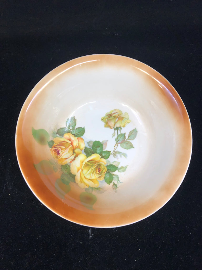 GERMAN SERVING BOWL W/ YELLOW ROSES BROWN RIM.