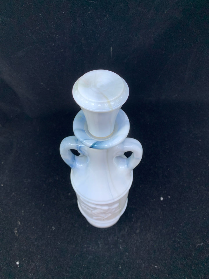 VTG MARBLE GLASS DECANTER W/ EMBOSSED MAN THROWING DISC.