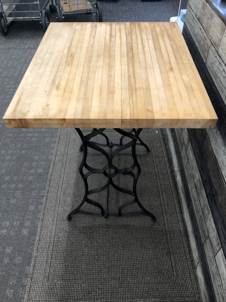 VTG SEWING MACHINE TABLE LEGS WITH BUTCHER BLOCK WOOD TOP.