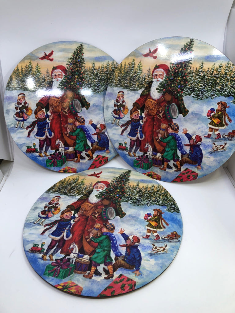 3 ROUND SANTA CORK BACK PLACEMATS.