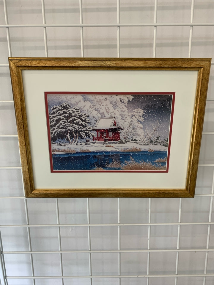 WINTER SCENE W RED HOUSE IN GOLD FRAME.