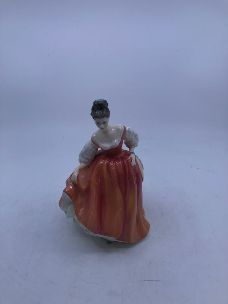 FAIR LADY IN CORAL DRESS W TEAL BOW.
