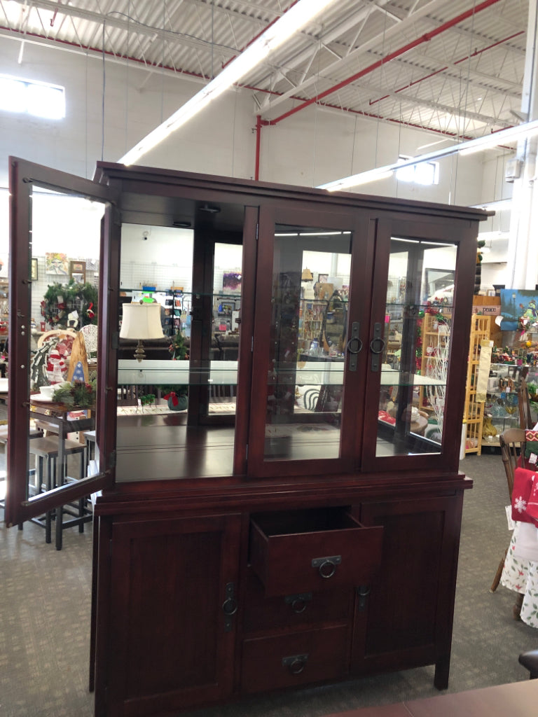 DARK DINING HUTCH-LIGHT UP GLASS UPPER, DRAWER + CABINET LOWER/ CIRCLE HARDWARE.