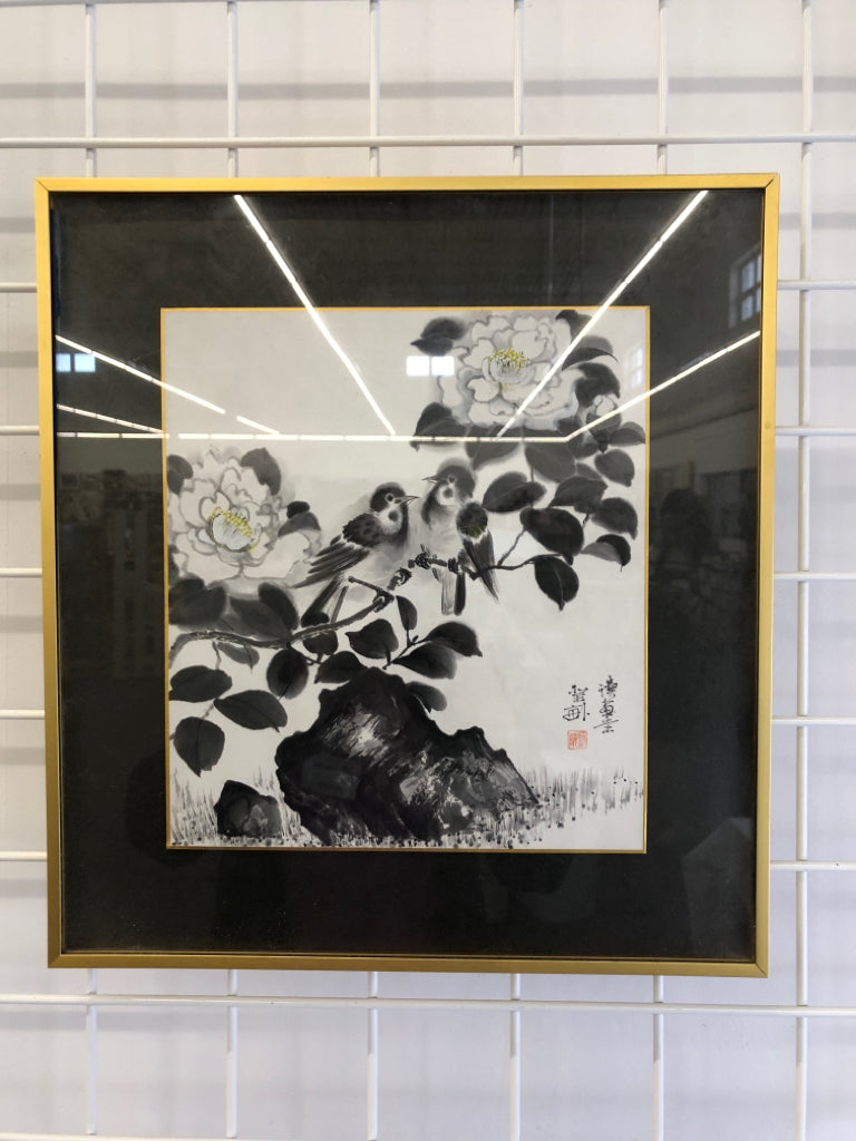 2 BIRDS ON FLOWER BRANCH WATERCOLOR IN GOLD FRAME.