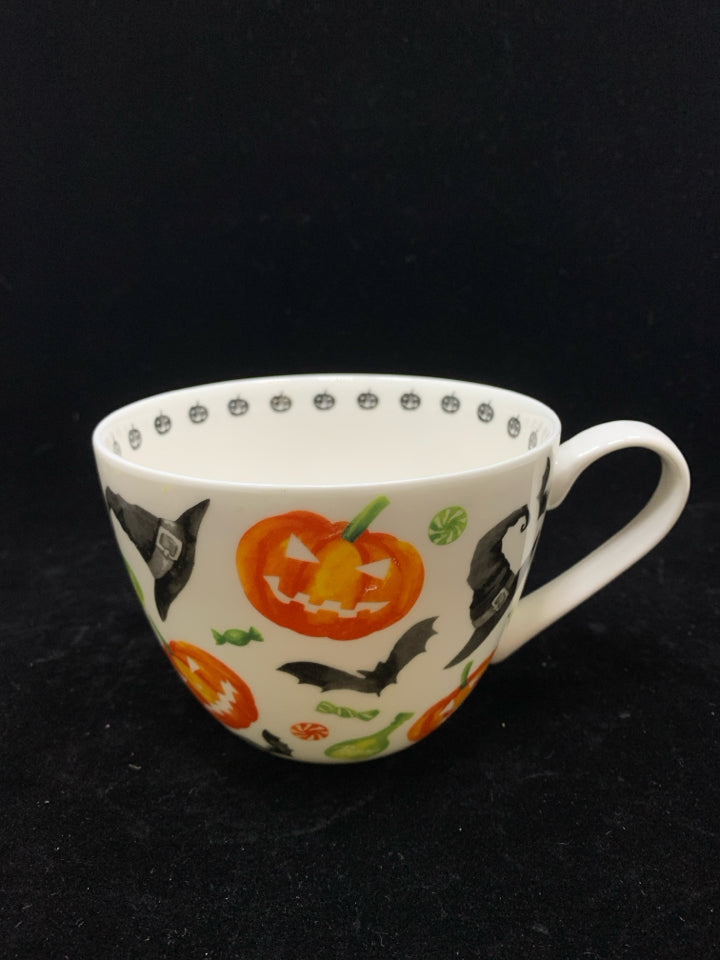 HALLOWEEN MUG W/WITCH, BAT AND JACK-O-LANTERN.