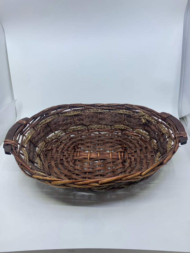 2 TEXTURED DARK OVAL BASKET W WOOD HANDLES.