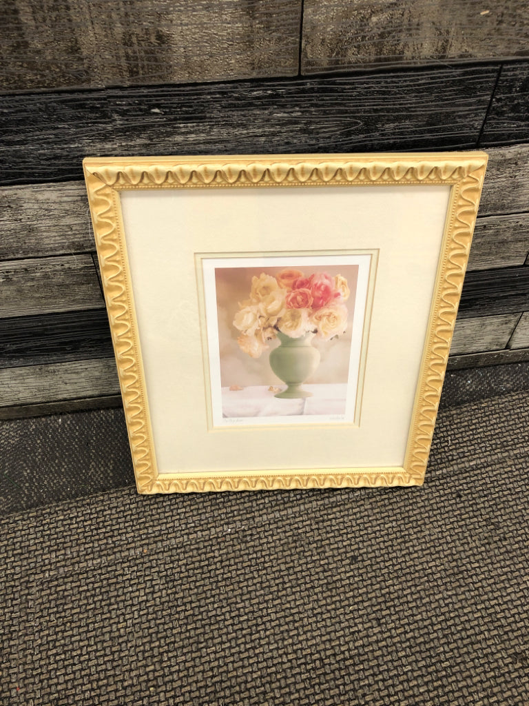 PINK BOUQUET PRINT- CREAM SCROLL FRAME.