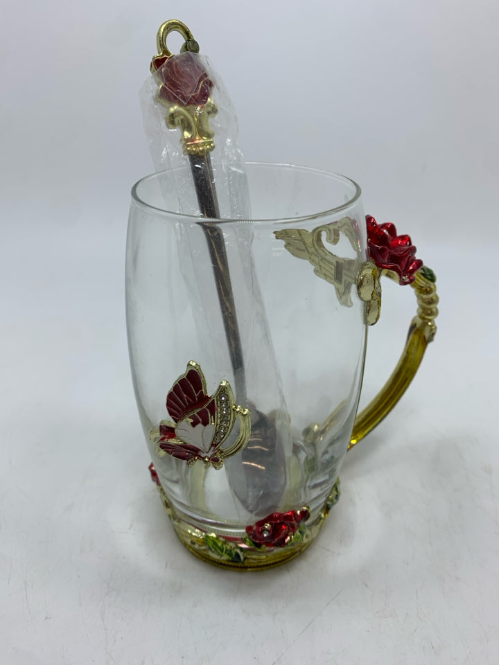 2PC ROSE GLASS TEA CUP W/SPOON.