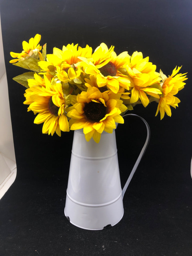 FAUX SUNFLOWERS IN WHITE METAL PITCHER.