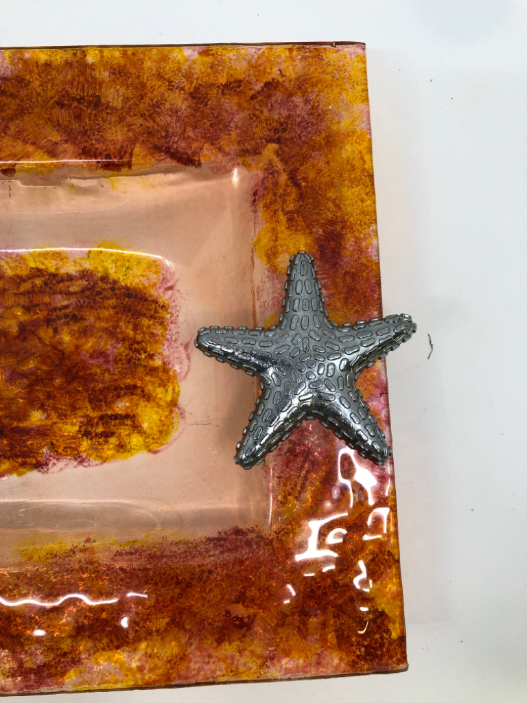 ORANGE RECTANGLE GLASS TRAY W/SILVER STARFISH.