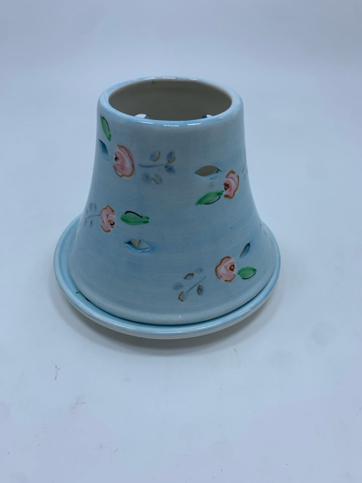2PC "OUR AMERICA" BLUE FLORAL CANDLE PLATE & SHADE.