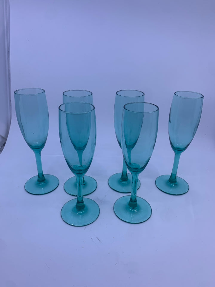 6 TEAL CHAMPAGNE FLUTES.