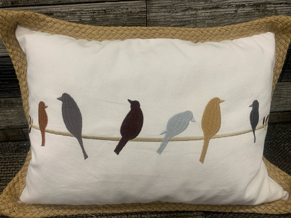 BIRDS ON BRANCH FABRIC PILLOW WITH BURLAP RIM.