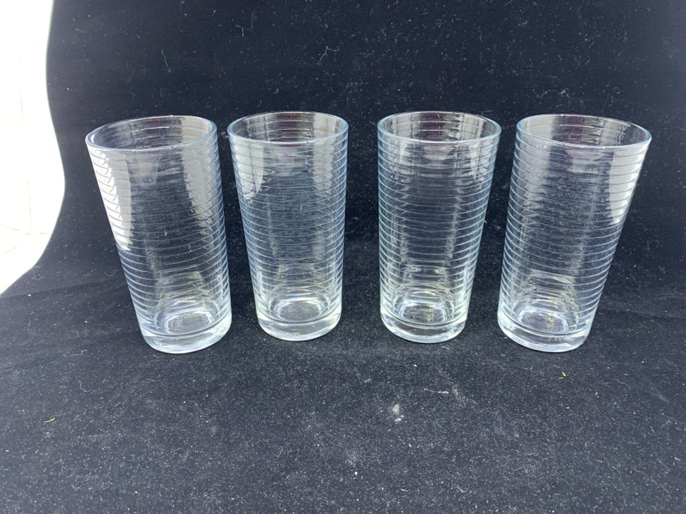 4 RIBBED WATER GLASSES-STAMPED BOTTOM.