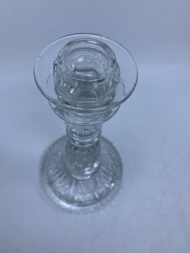 CLEAR GLASS TAPERED CANDLE HOLDER W/ CIRCLE BOTTOM HARD CUT.