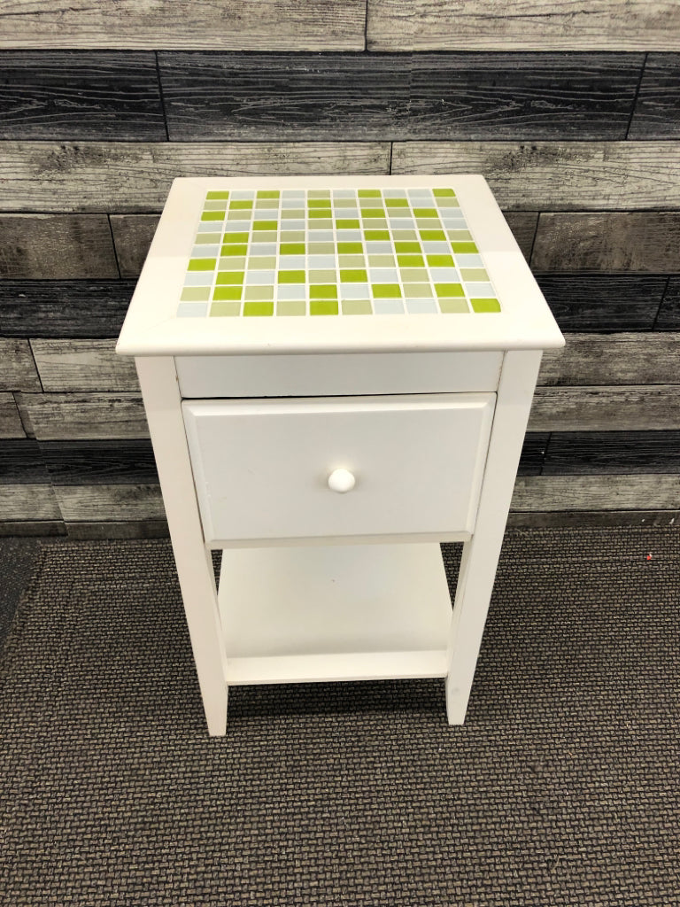 WHITE ONE DRAWER NIGHTSTAND W GREEN MOSAIC TOP.