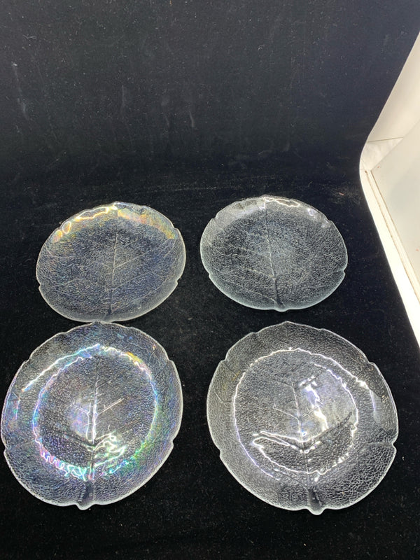 4 GLASS TEXTURED LEAF PLATES.