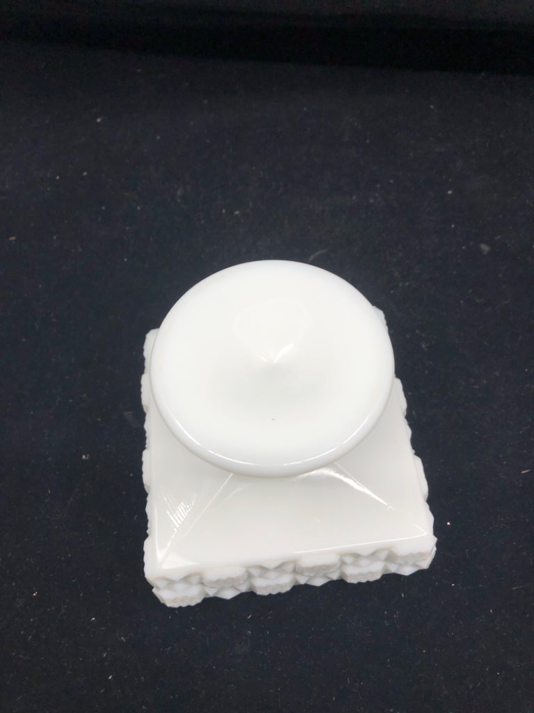 VTG FOOTED MILK GLASS SQUARE SHALLOW TEXTURED DISH.