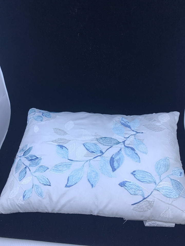 WHITE WITH BLUE LEAVES RECTANGLE PILLOW.
