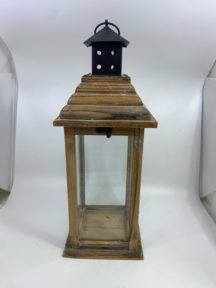 WOODEN LANTERN CANDLE HOLDER W/METAL TOP.