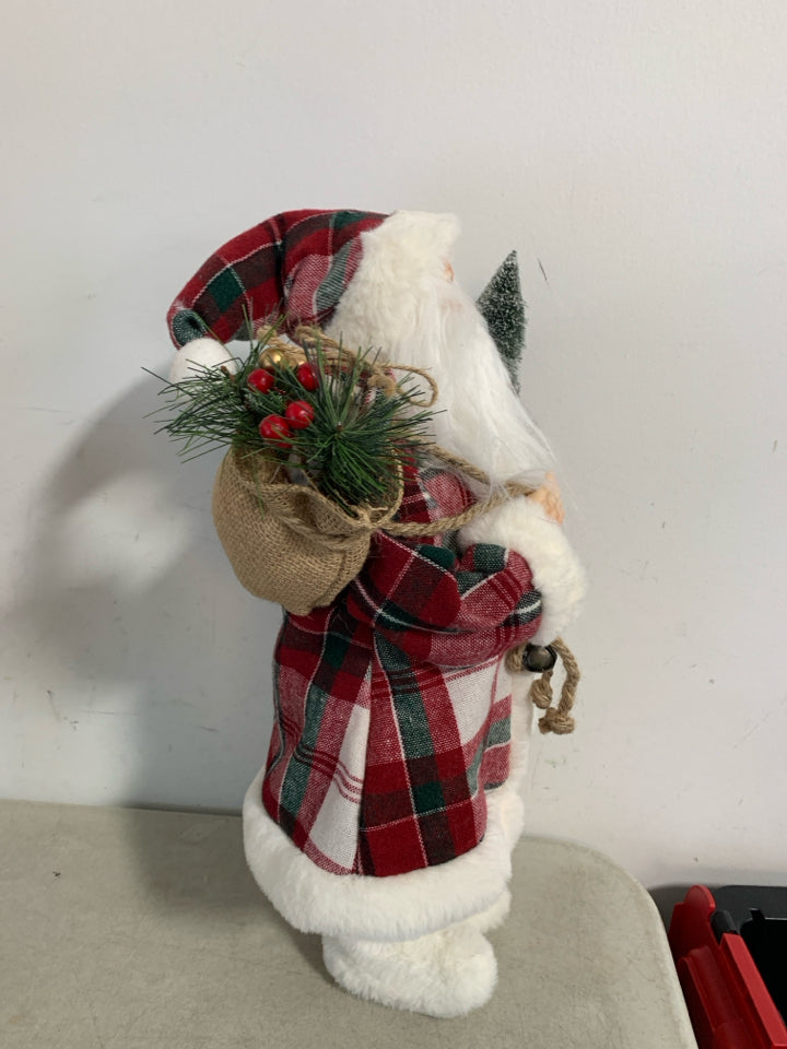 STANDING SANTA RED/GREEN PLAID SUIT W/ WHITE FUZZY BOOTS.