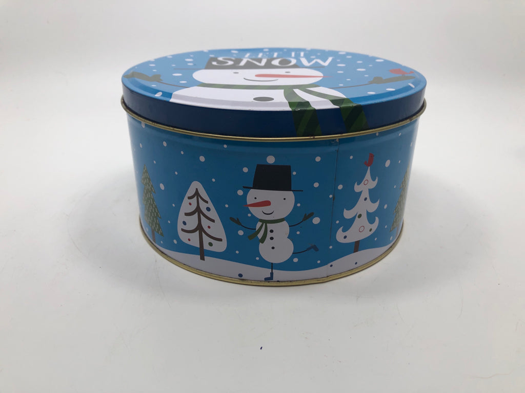 ROUND BLUE TIN SNOWMAN "LET IT SNOW".