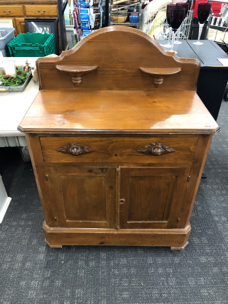 VTG WOOD CABINET WITH BACK SHELVES.