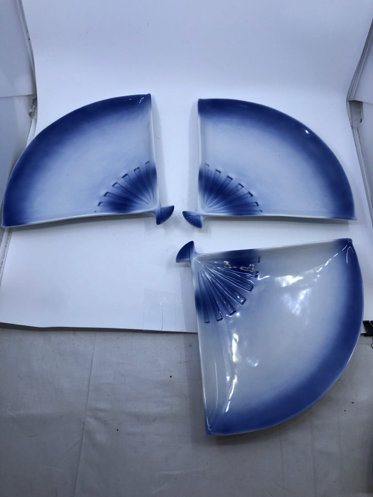 8PC VINTAGE FAN SHAPED APPETIZER SET- WHITE AND BLUE.