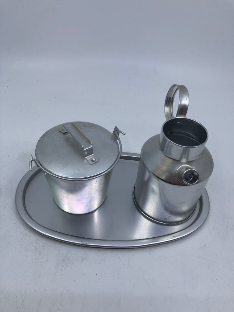 3PC MILK JUG STYLE SILVER SUGAR AND CREAMER SET W TRAY.